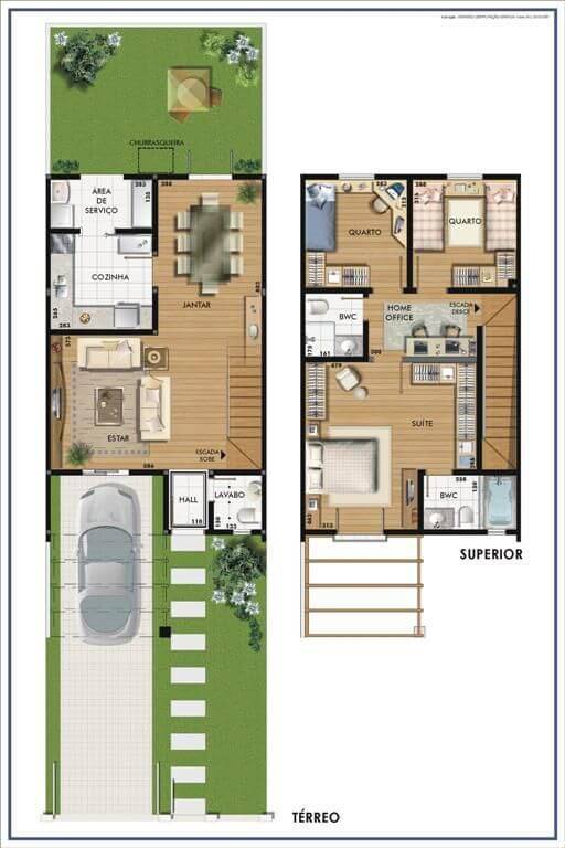 Layout casa duplex com área verde