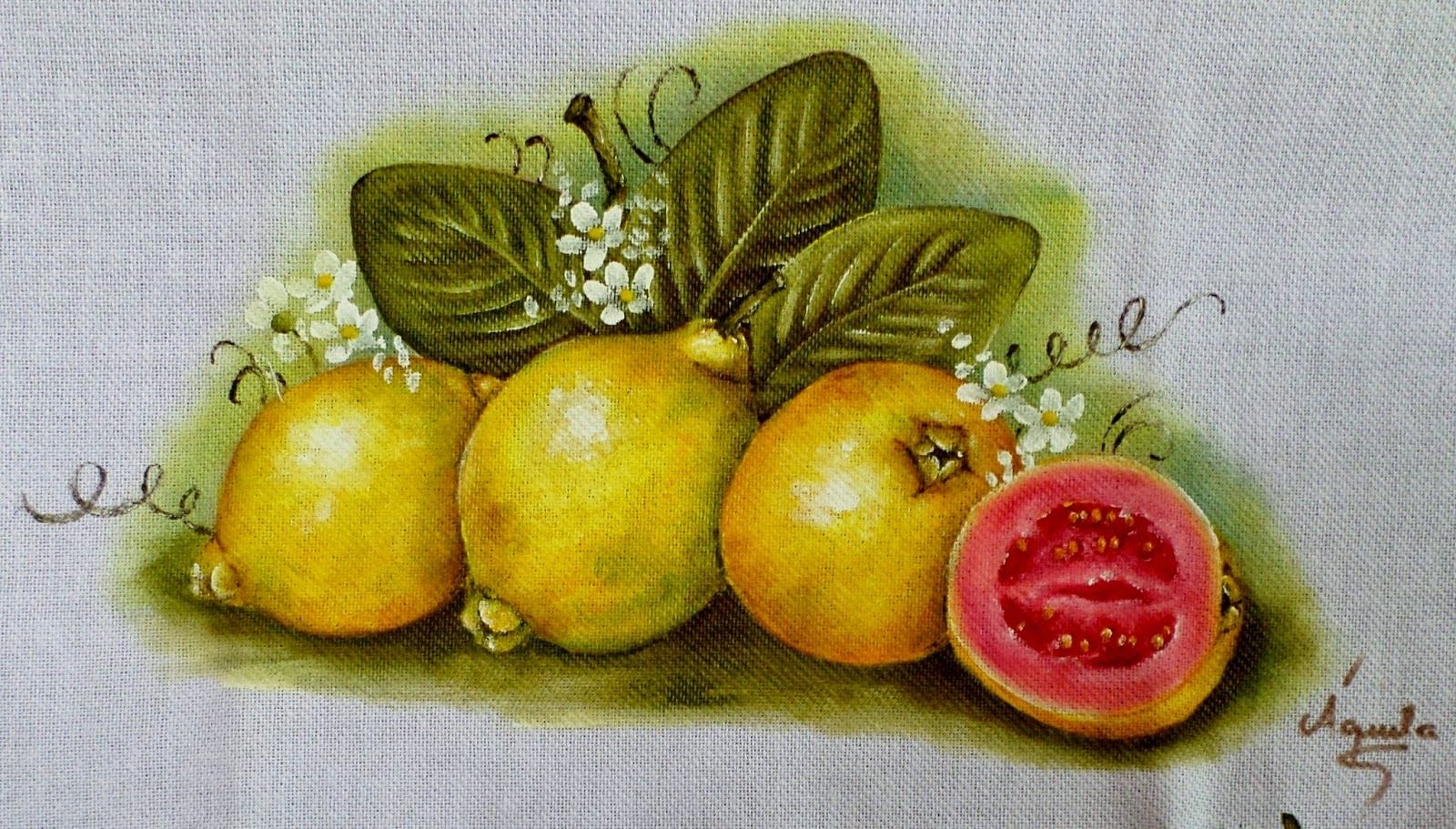 pintura em tecido de flores e frutas