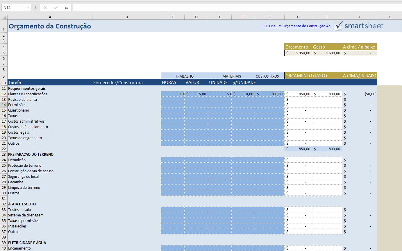 Planilha Orçamento da construção