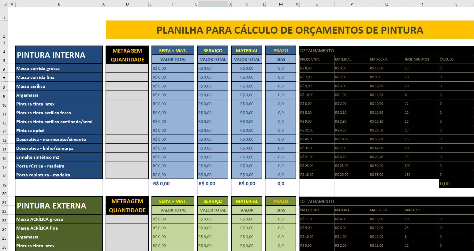 Planilha para Orçamento de Pintura