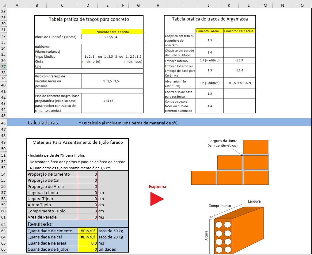 Planilha quantitativo de materiais