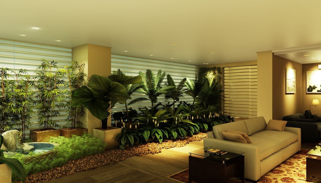 Jardim moderno interno com fonte incorporado à sala de estar